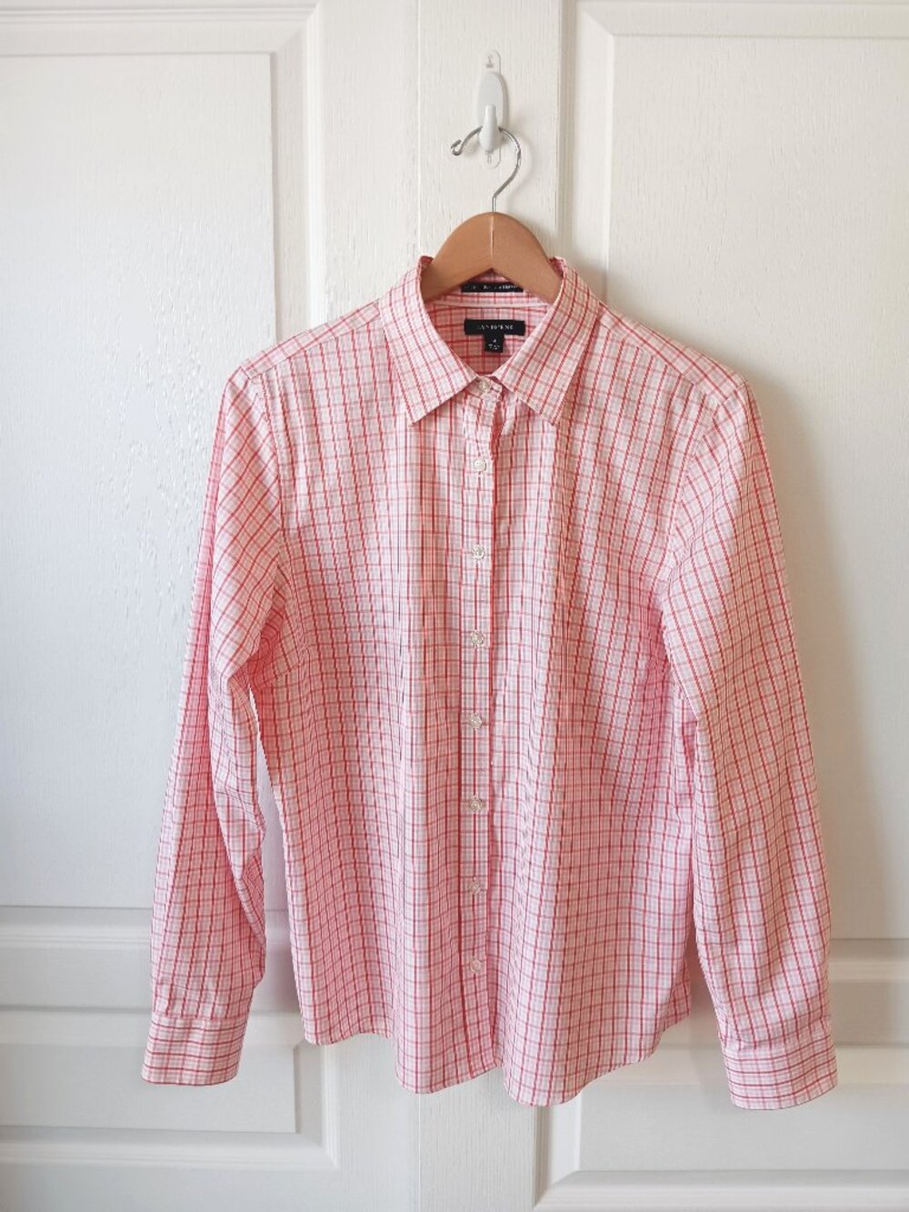 Lands' End Women's Pink Coral Check Cotton No Iron Pinpoint Oxford Shirt Size 14